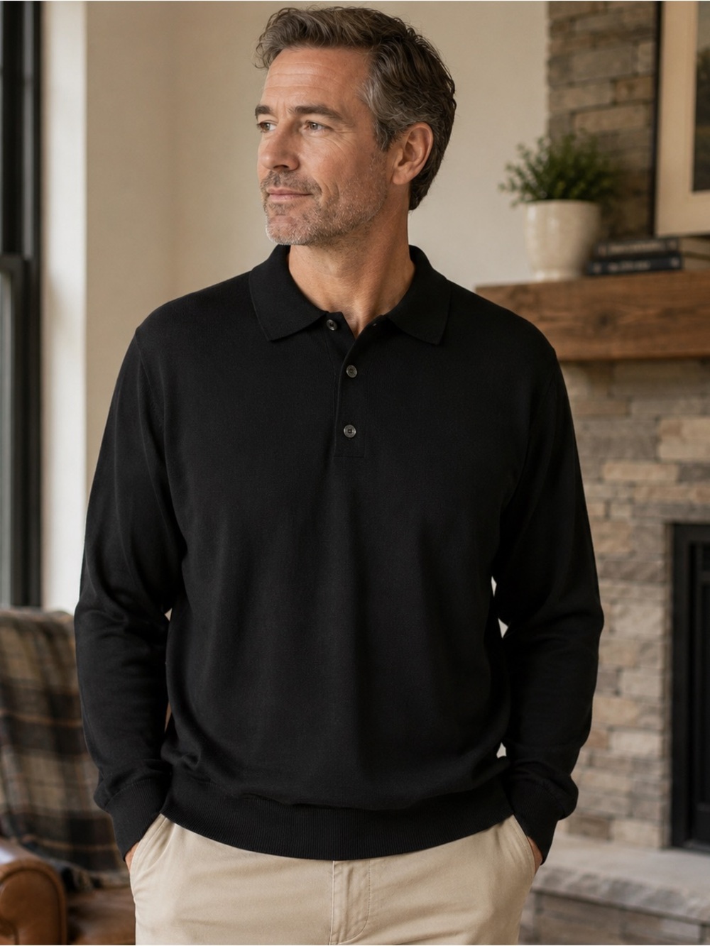 Eildon Hills 100% Merino Wool Knit Polo Sweater Men’s Size M Black Long Sleeve
